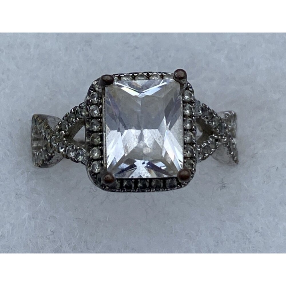 Large Emerald Cut Clear CZ Halo Infinity Ring Size 8 S925 Marked Costume Jewelry